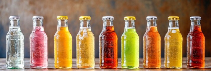 Colorful bottles of soda arranged on a wooden surface, showcasing various vibrant flavors. This image captures the refreshing essence of soft drinks perfect for summer gatherings or parties.