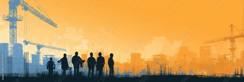 Aufkleber workers discuss construction plans in a dynamic urban environment during sunset with cranes in the b