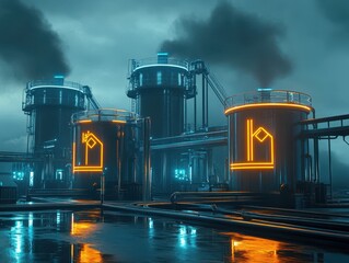 Obraz premium Futuristic Industrial Scene with Neon Lights and Digital Technology