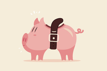 Tighten belt to reduce budget or spending, financial crisis or economic slow down, keep cost and expense low to survive, pink piggybank tighten belt on his belly metaphor of saving cost.