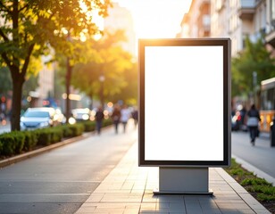 Blank Billboard on City Sidewalk at Sunset with Pedestrians and Cars (1)