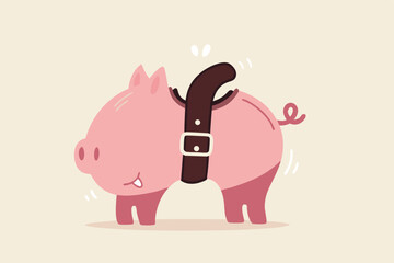 Tighten belt to reduce budget or spending, financial crisis or economic slow down, keep cost and expense low to survive, pink piggybank tighten belt on his belly metaphor of saving cost.