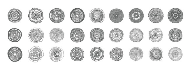 Set of wooden annual rings textures. Black and white tree ring patterns.