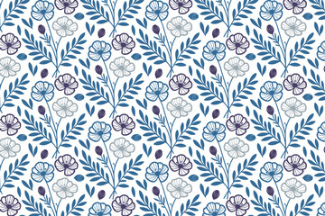fashion textile with blue flower lines, seamless cotton pattern repeat, home and wrapping design, sketch floral surface print


