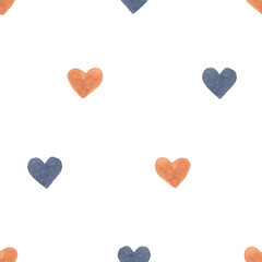 Watercolor seamless romantic retro background with orange and gray blue hearts on white