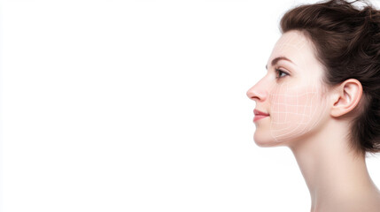 Obraz premium Profile view of woman with dermatological mapping lines on her face, highlighting skin analysis and beauty care. image emphasizes skincare and facial treatment