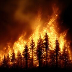 Intense flames engulf a dense evergreen forest, creating a dramatic and dangerous wildfire scene at night with dark smoke rising into the sky, showing nature's fury.