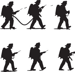 Silhouette Illustration of a Firefighter with a Backpack Water Pump Extinguishing Fire, Vector Graphic, Emergency Services, Safety Equipment