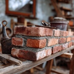 A rustic brick wall under construction on a weathered wooden surface with tools around and blurred background showcases craftsmanship and vintage charm in detail.