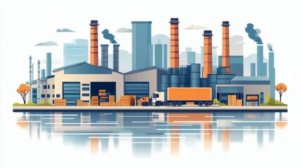 Industrial factory complex with delivery truck by the water.