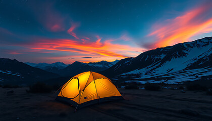 Sunset illuminates a lone tent, a perfect camp nestled in the vast mountain landscape for an adventurous night hike