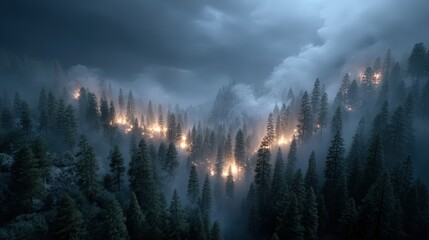Misty mountain forest landscape is partially ablaze with fiery glow at twilight, shrouded in smoky atmosphere beneath an overcast dramatic stormy sky in nature.