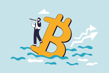 Bitcoin price down, future of crypto currency price or vision to see cryptocurrency market concept, businessman investor standing on drowning bitcoin symbol using telescope to see future.