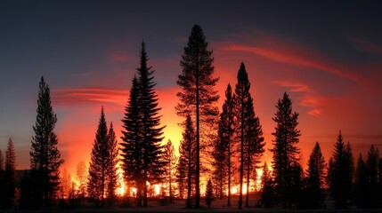 Silhouette of evergreen trees against an intense sunset sky showcasing vibrant hues of orange, red, and purple over a scenic landscape at twilight hour.