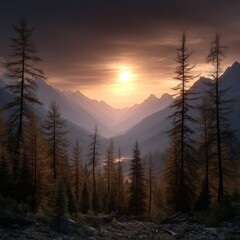 Majestic mountain range illuminated by a warm sunset casting soft light through tall trees and creating a peaceful and serene atmosphere in the wilderness.