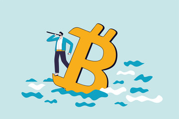 Bitcoin price down, future of crypto currency price or vision to see cryptocurrency market concept, businessman investor standing on drowning bitcoin symbol using telescope to see future.
