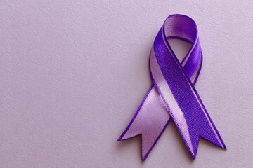 Purple awareness ribbon on a textured lilac background.