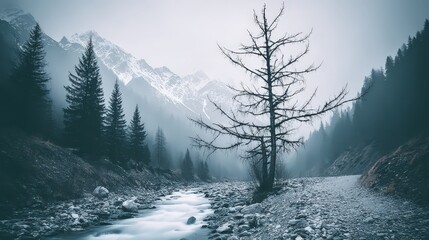 A tranquil mountain landscape featu a winding river, snow-capped peaks, and a solitary tree in a misty atmosphere that invites peaceful contemplation and reflection.