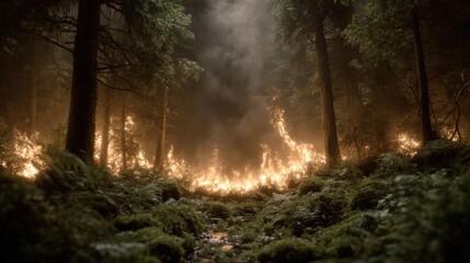 A forest fire rages through a dense, green forest as flames lick at the trees and smoke billows into the sky, creating a scene of destruction and danger.