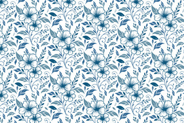 blue line drawn cotton flower pattern, seamless floral artwork design, fabric textile print repeat, fashion and home use

