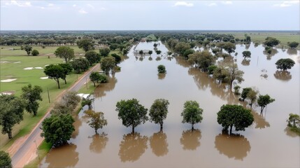 Aerial view captures extensive flooding inundating a road and surrounding areas with trees amidst a vast landscape under a cloudy sky after heavy rainfall.
