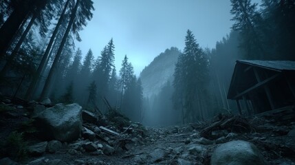 A moody landscape shows a narrow rocky path leading into a foggy forest with towe evergreens and a distant mountain, creating a tranquil, peaceful scene.