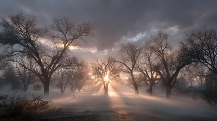 The sun's radiant beams pierce through the dense fog and bare trees in a tranquil winter landscape, creating a scene of ethereal beauty and serene atmosphere.