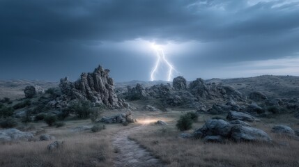 A dramatic lightning storm illuminates a rocky landscape at night, casting a bright glow on the path leading through the rugged terrain in the stormy weather.