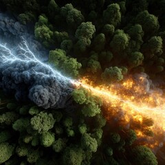A dramatic aerial view shows a powerful clash between a lightning storm and raging fire, splitting a lush forest into realms of destruction and untamed energy.