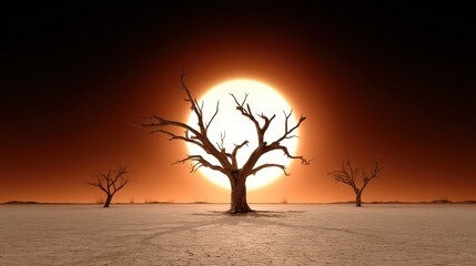 Solitary barren trees stand silhouetted against a blazing sun in arid desert landscape evoking drought, climate change, and environmental desolation now.