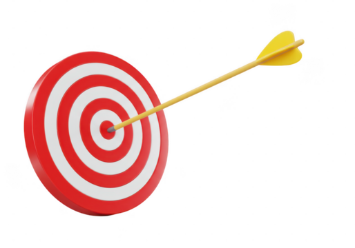 A red and white target with a yellow arrow hitting the bullseye on a black background isolated on transparent background - Powered by Adobe
