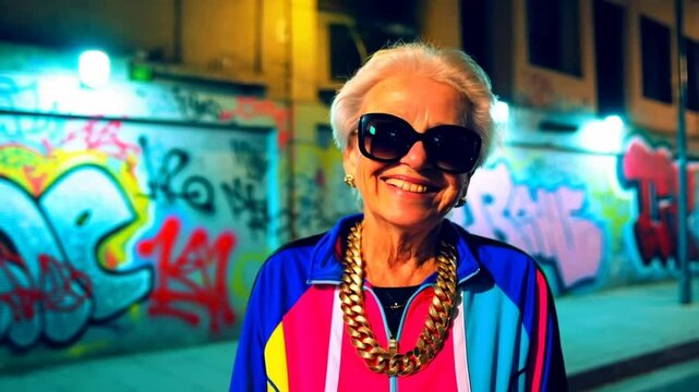 Stylish elderly woman with glasses, gold chain, and track jacket in a vibrant graffiti street setting, exuding confidence.