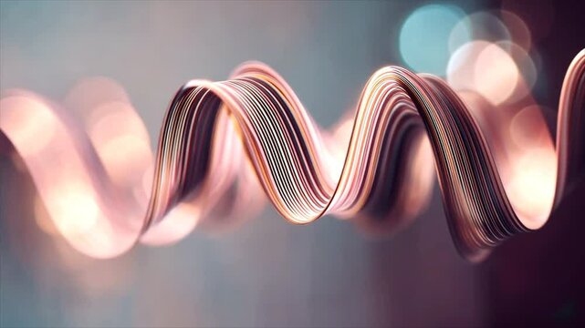 Abstract close-up of a spiral made of parallel stripes in shades of brown with a blurry background with light reflecting