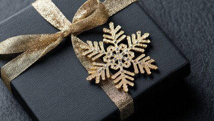 Elegantly wrapped black gift with gold snowflake.