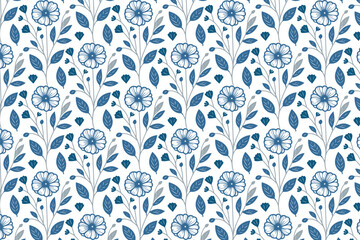modern blue seamless floral line pattern, outline cotton flower illustration, minimalist fashion textile, wrapping fabric design

