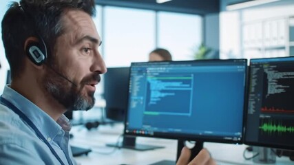 Man with headset working on computers in a modern office environment, focused on code and data displayed on the screens, showcasing technology and professional work - Powered by Adobe