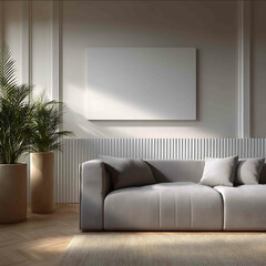 A Hyperborean minimalist living room with white fluted wall segments clean grey inset panels and warm light veins A wide horizontal 21 blank white canvas abov
