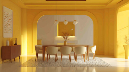 Dining room yellow themed clean and modern minimal interior eyelevel angle centered composition straighton view symmetrical setup hyper realistic cinematic li