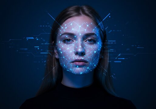 Woman's face is scanned, identified using advanced technology in a digital background