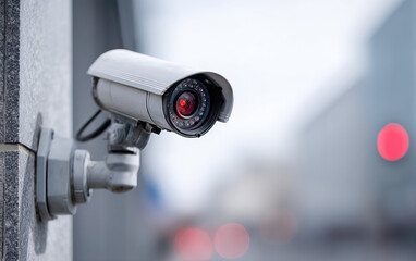Surveillance camera mounted on corner wall scanning area with blurred city background and red light bokeh effect