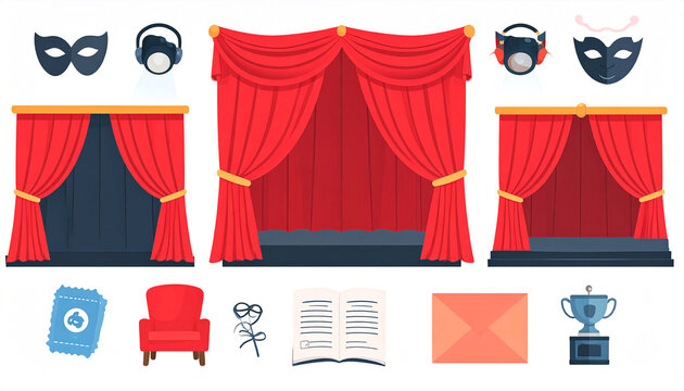 A vibrant illustration featuring theatrical elements red curtains, stage, masks, spotlight, tickets, seating, props, and awards, suggesting a performance or play