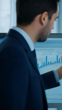Business professional analyzing financial data charts on computer screen in modern ofice environment Man concentrates on blue bar graphs & statistics while reviewing market trend & performance metrics