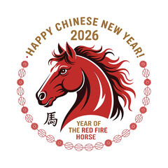 Chinese New Year 2026 Red Fire Horse Zodiac Emblem with Traditional Circle Design