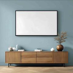 A flatscreen TV with 169 dimensions and a blank white screen hanging on the wall of a room with cool hues Mockup for use on Etsy