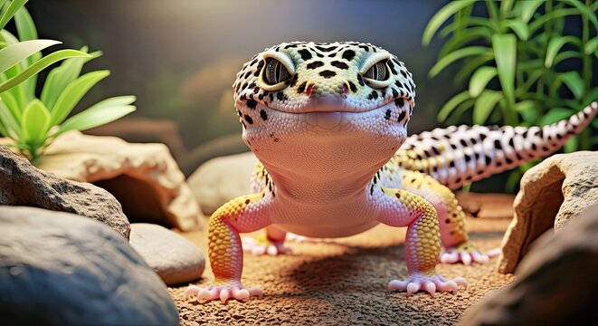 A charming Leopard Gecko is captured winking in its terrarium, showcasing a playful and endearing expression. Close-up of a popular pet lizard.
