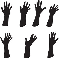 Obraz premium Silhouette Hands Reaching Up: Vector Graphic Illustration of Black Hand Silhouettes in Various Poses, Gestures, and Angles on White Background