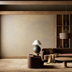 A warm embrace of minimalism and nature inspired living room design. 3D illustration