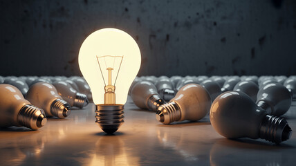 Light bulb stands out among several dimmed bulbs in a creative display showing innovation and ideas