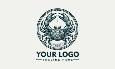 Stylized crab illustration inside circular emblem, marine animal logo, detailed claws and shell design
