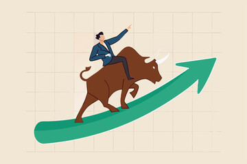 Stock market bull market, financial asset value and price rising up, investor and trader gain more profit concept, confident businessman investor riding bull running on rising up upward green graph.